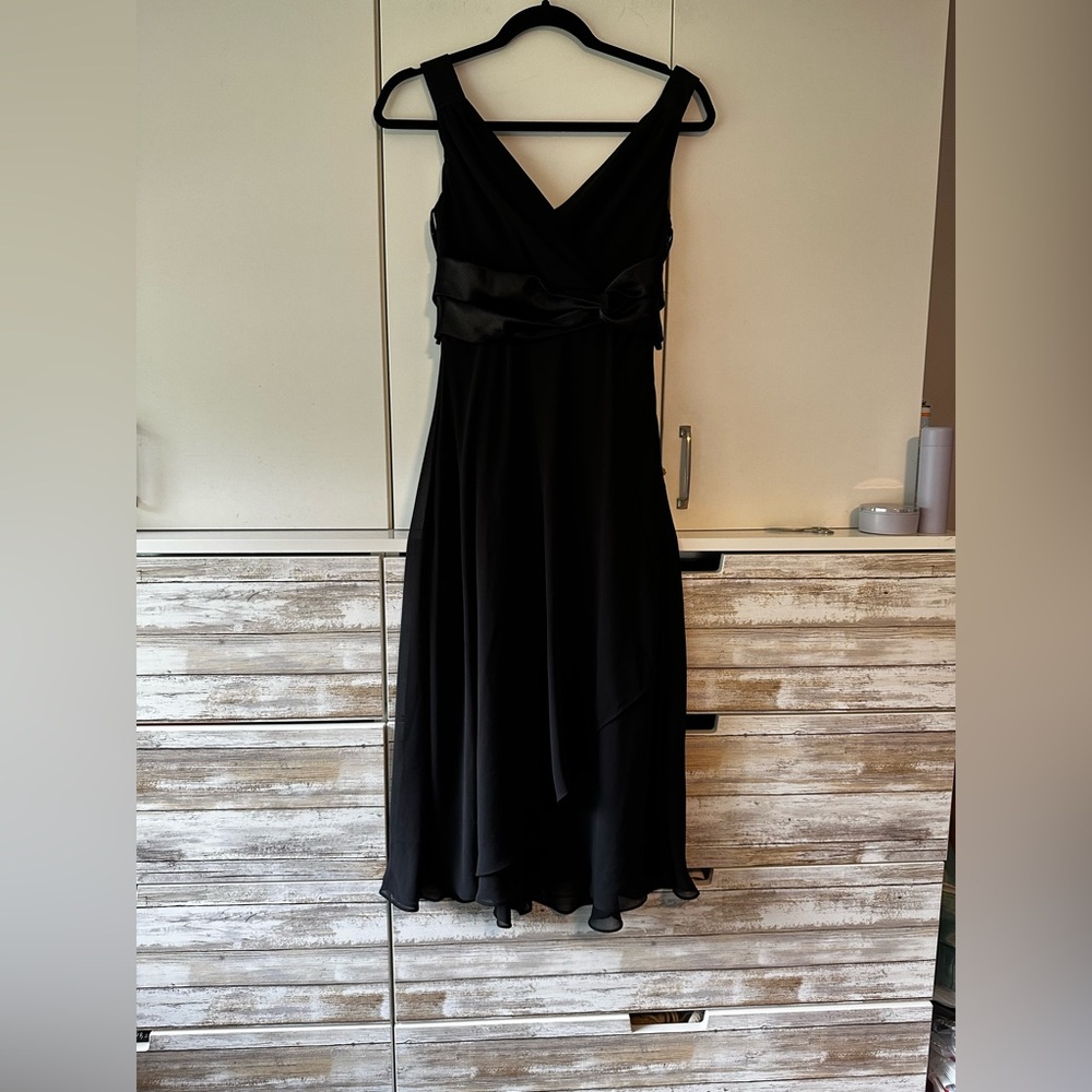 🖤 Evan Picone Black Midi Dress Petite 4P Satin Bow Formal